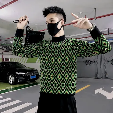 满印提花设计感毛衣男冬季潮牌时尚花色个性修身内搭半高领针织衫商品大图