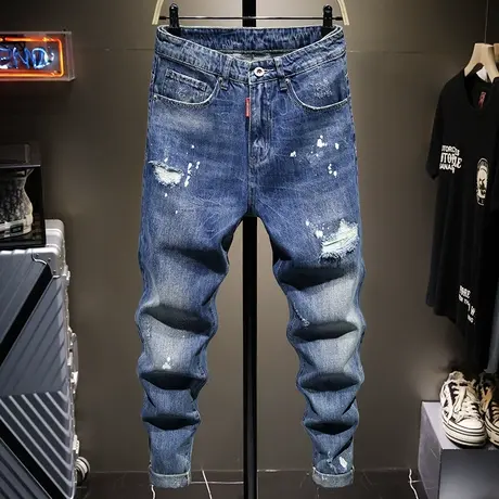 夏季薄款破洞潮牌牛仔裤男直筒宽松百搭男士复古韩版潮流长裤子男商品大图