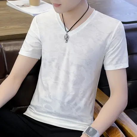 夏季短袖T恤男个性上衣中学生V领半袖简约男装夏装冰丝速干 汗衫商品大图