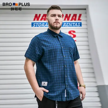 胖哥哥大码男衬衫短袖夏季翻领宽松时尚格子衬衣加肥加大胖子衬衫商品大图