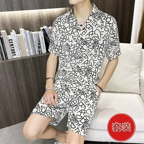 夏季冰丝t恤短袖套装潮流宽松V领帅气印花体恤2022新款休闲两件套商品大图