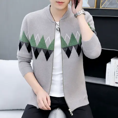 针织休闲拉链开衫棒球服领外套男秋冬季学生仿水貂绒加厚保暖毛衣商品大图