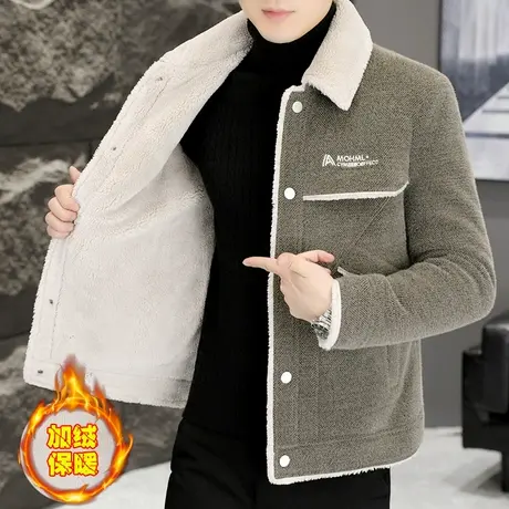 冬季翻领一体绒加厚夹克外套羊羔毛男士高端加绒金貂绒呢子大衣潮商品大图