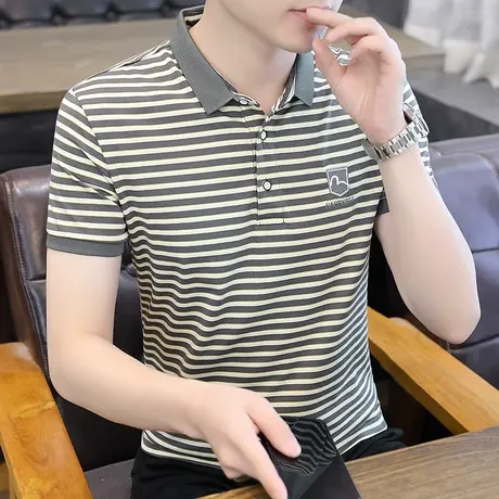 青年条纹POLO衫翻领棉感短袖男士休闲百搭保罗上衣夏季衬衫领衣服商品大图