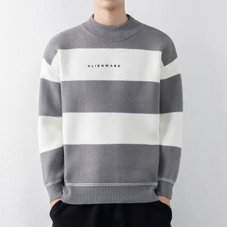 圆领毛衣男秋冬季新款加厚保暖条纹打底针织衫潮牌休闲套头毛线衣商品大图