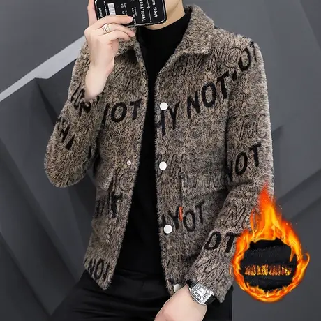 秋冬季男士水貂绒夹克翻领加绒潮流加厚短款风衣男装青年毛呢外套商品大图