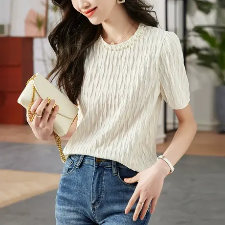 时尚气质短袖T恤2023年夏季新款淑女温柔甜美宽松显瘦通勤上衣图片