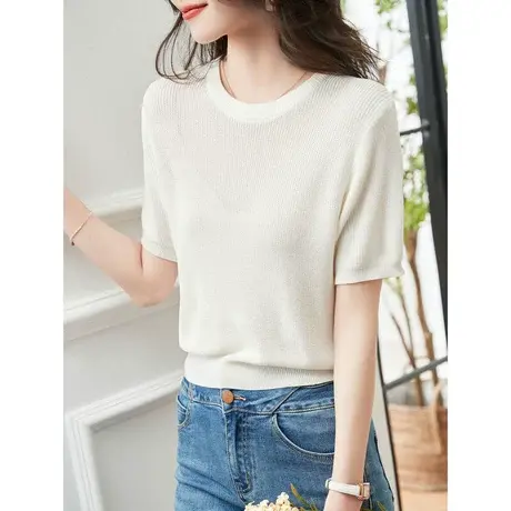 时尚气质短袖针织衫2023年夏季新款淑女温柔圆领宽松显瘦通勤上衣图片