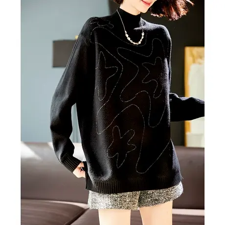 宝诗黎半高领烫钻慵懒打底针织衫女长袖2025秋季新款休闲宽松毛衣商品大图