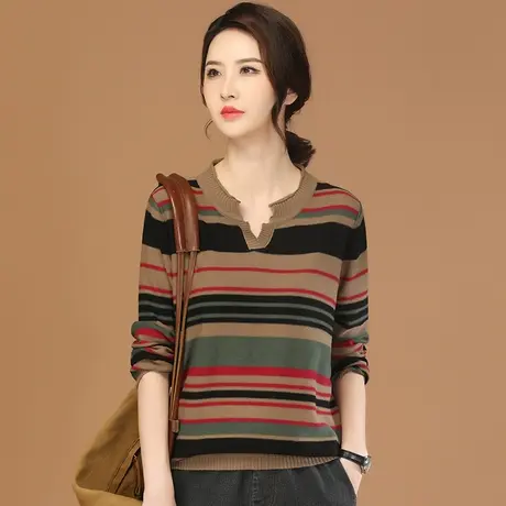 韩潮袭人V领条纹长袖针织衫上衣女2023秋季新款休闲百搭打底毛衣图片