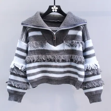 小香风流苏条纹短款毛衣女秋冬2023新款宽松设计感小众针织衫上衣商品大图