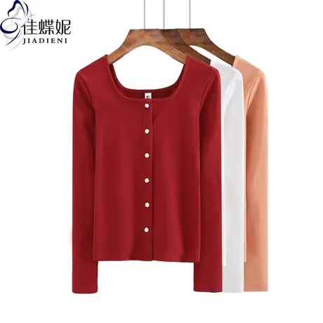 春秋季韩修身显瘦纯白纯色双U领开衫长袖体恤上衣内搭女打底衫商品大图