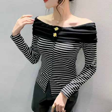 2024秋季新款性感一字领长袖T恤女心机露肩T恤内搭条纹打底衫内搭商品大图