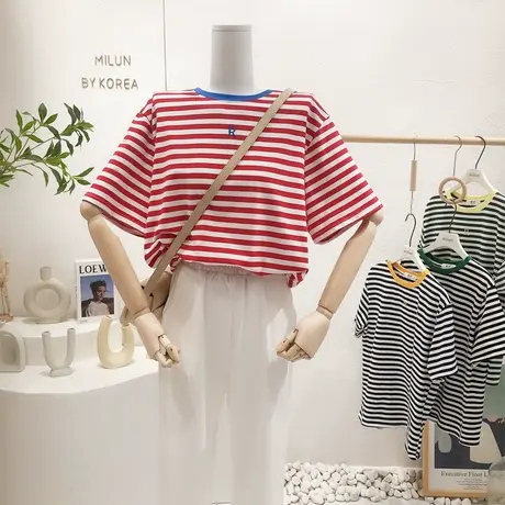 小众设计感条纹T恤2022夏新款韩国东大门百搭海军风撞色短袖上衣商品大图