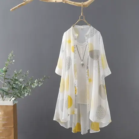 夏季新品中长款立领印花薄防晒衫女宽松中袖A字大摆防晒衬衫开衫图片