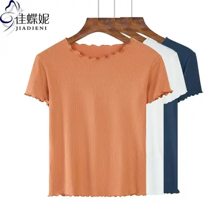 夏季新款韩版纯白修身显瘦短款高腰荷叶边圆领纯色短袖体恤上衣女图片