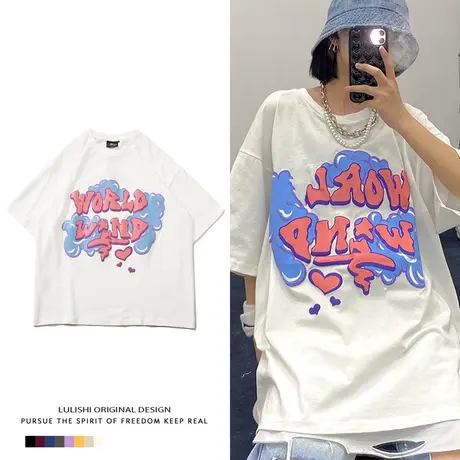 半袖2021年新款女胖mm遮肚上衣夏宽松大码潮牌美式街头风短袖T恤商品大图