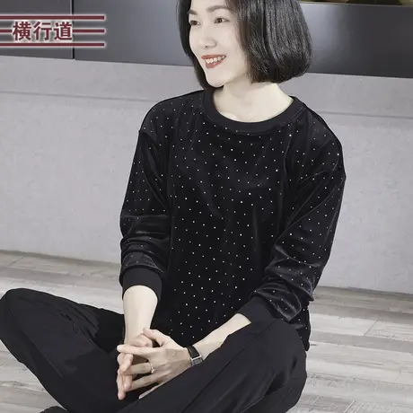 2025春季新款韩版洋气圆领闪光金丝绒宽松长袖T恤大码外穿打底衫商品大图