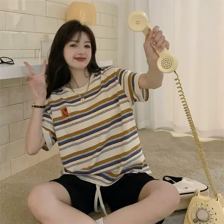 oversize条纹短袖女夏季2023新款宽松正肩t恤独特设计感小众上衣图片
