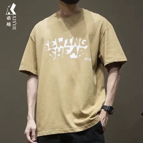 希越美式复古短袖T恤男280克纯棉重磅水洗男装宽松大码男士体恤夏商品大图