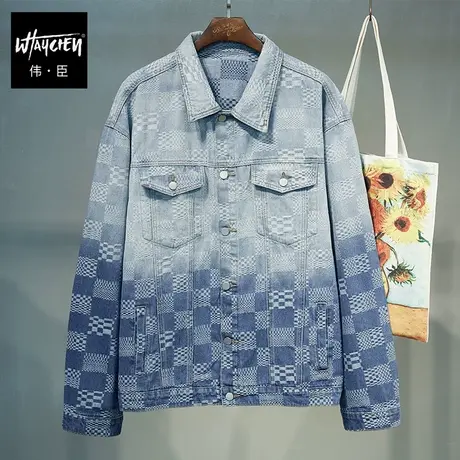 伟臣潮流渐变大码格子牛仔服外套胖子加肥加大宽松休闲肥佬夹克男商品大图