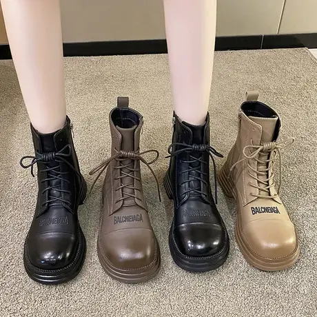 马丁靴女2023秋冬新款英伦风百搭系带短靴厚底机车单靴圆头女皮靴图片