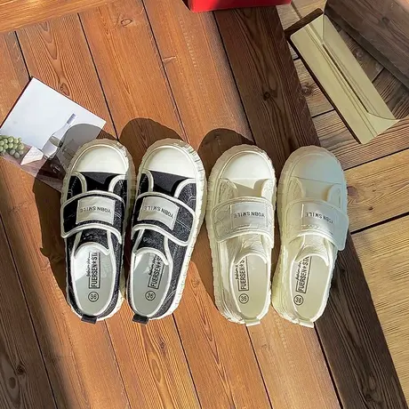 2023夏季新款一脚蹬透气蕾丝网面女鞋厚底休闲魔术贴单鞋渔夫网鞋商品大图