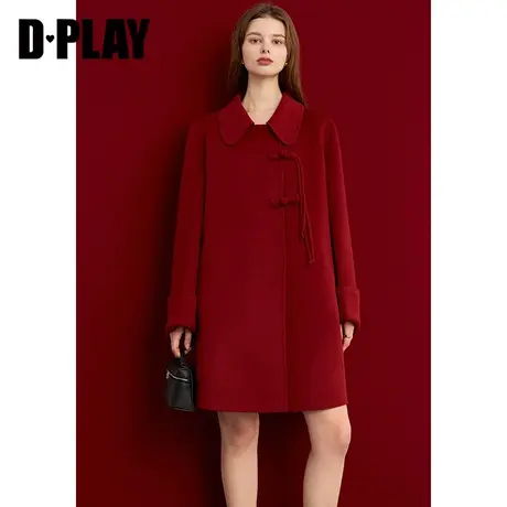 DPLAY冬新新中式翻领宽松新年红色双面呢100羊毛大衣外套女商品大图