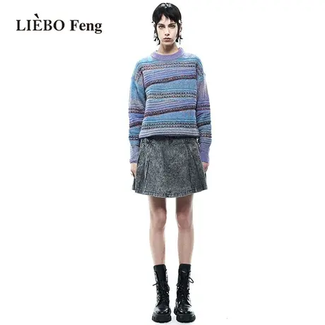 裂帛LIEBOFeng设计师品牌chic复古渐变蓝色条纹百搭套头针织衫商品大图