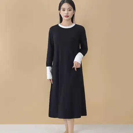 高个子175长袖套头睡裙撞色圆领袖子加长连衣裙大码可外穿商品大图