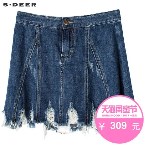sdeer圣迪奥2019夏装学院风解构剪裁做破水洗牛仔半身裙S17281337图片