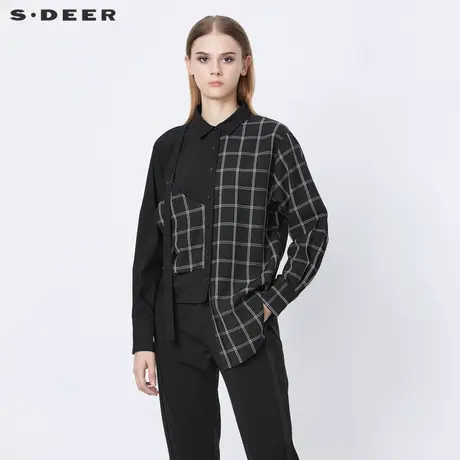 sdeer圣迪奥春装翻领撞色格纹织带拼接长袖衬衫S21380506图片