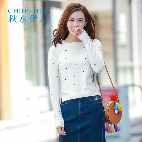 秋水伊人2019秋装新品女装三角图案经典长袖针织衫女I92图片
