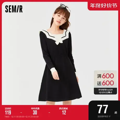 森马连衣裙女修身黑色撞色海军领2022冬新款蝴蝶结学院风女生裙子图片