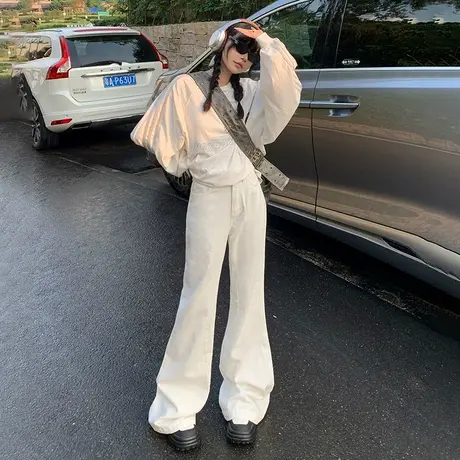 米白色微喇牛仔裤女春秋2024年新款高腰显瘦宽松阔腿马蹄喇叭裤子商品大图