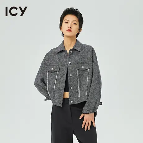icy春秋新款街头帅气小众色织细格纹短款羊毛呢外套夹克女商品大图
