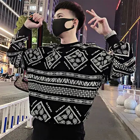 重磅潮牌花色长袖t恤男潮流高级感春秋款上衣个性印花休闲卫衣ins商品大图