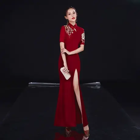 敬酒服旗袍中式新娘红色中款结婚礼服走秀演出年会舞台回娘家礼服商品大图