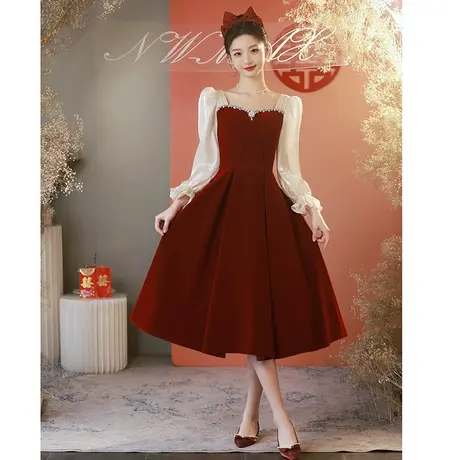 订婚礼服女夏季敬酒服2023新款新娘小个子纱袖平时可穿红色连衣裙商品大图