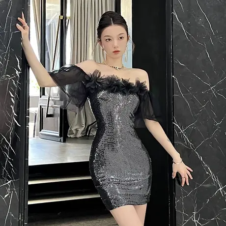 一字肩聚会小礼服平时可穿轻奢小众高端设计感名媛包臀亮片连衣裙商品大图