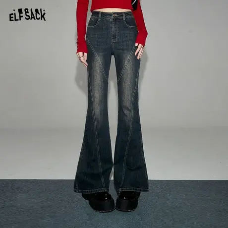 妖精的口袋高腰牛仔喇叭裤女2024早春新款小个子复古修身显瘦长裤图片