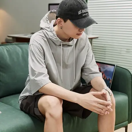 唐狮2023春夏季新款工装半袖卫衣男士短袖连帽t恤黑色青少年ins潮商品大图