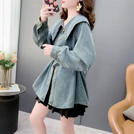 韩版复古甜美娃娃领牛仔衬衫女春季2024年新款洋气减龄小个子上衣图片
