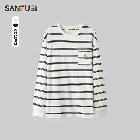 三福2024春季男士条纹贴袋刺绣长T恤 日系户外圆领上衣482325商品大图