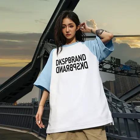 欧美潮流字母重磅华夫格短袖T恤男潮oversize潮牌半袖情侣装夏季商品大图