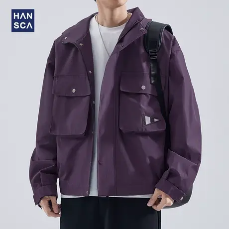 hansca美式工装大口袋夹克男秋季复古潮牌宽松户外防风连帽外套男商品大图