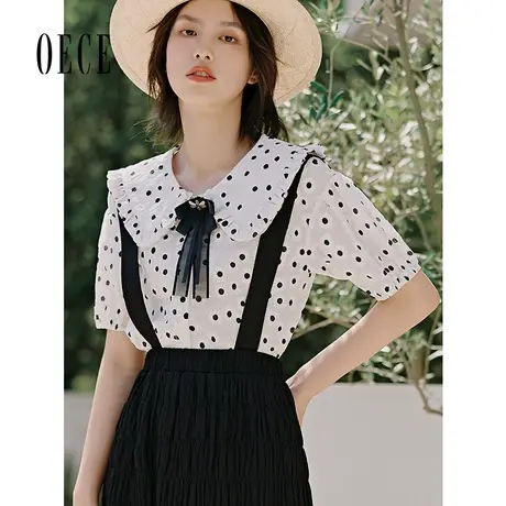 Oece夏装新款女装 复古少女小雏菊甜美花边翻领短袖上衣商品大图
