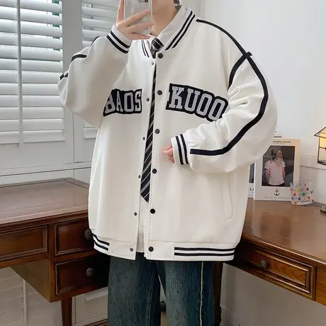 白色棒球服男款春秋季潮牌美式宽松青少年夹克男春装潮流休闲外套商品大图