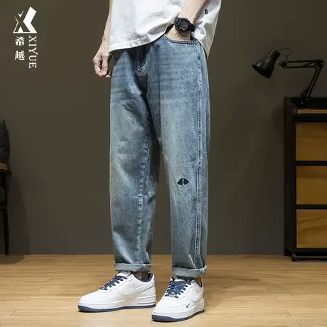 希越绣花复古小直筒牛仔裤男士2024春季宽松大码美式高街休闲长裤商品大图