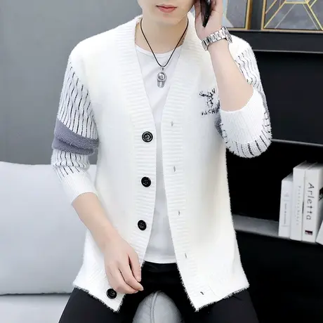 秋冬季仿水貂绒夹克外套男生潮流韩版V领加厚针织衫外搭开衫毛衣商品大图